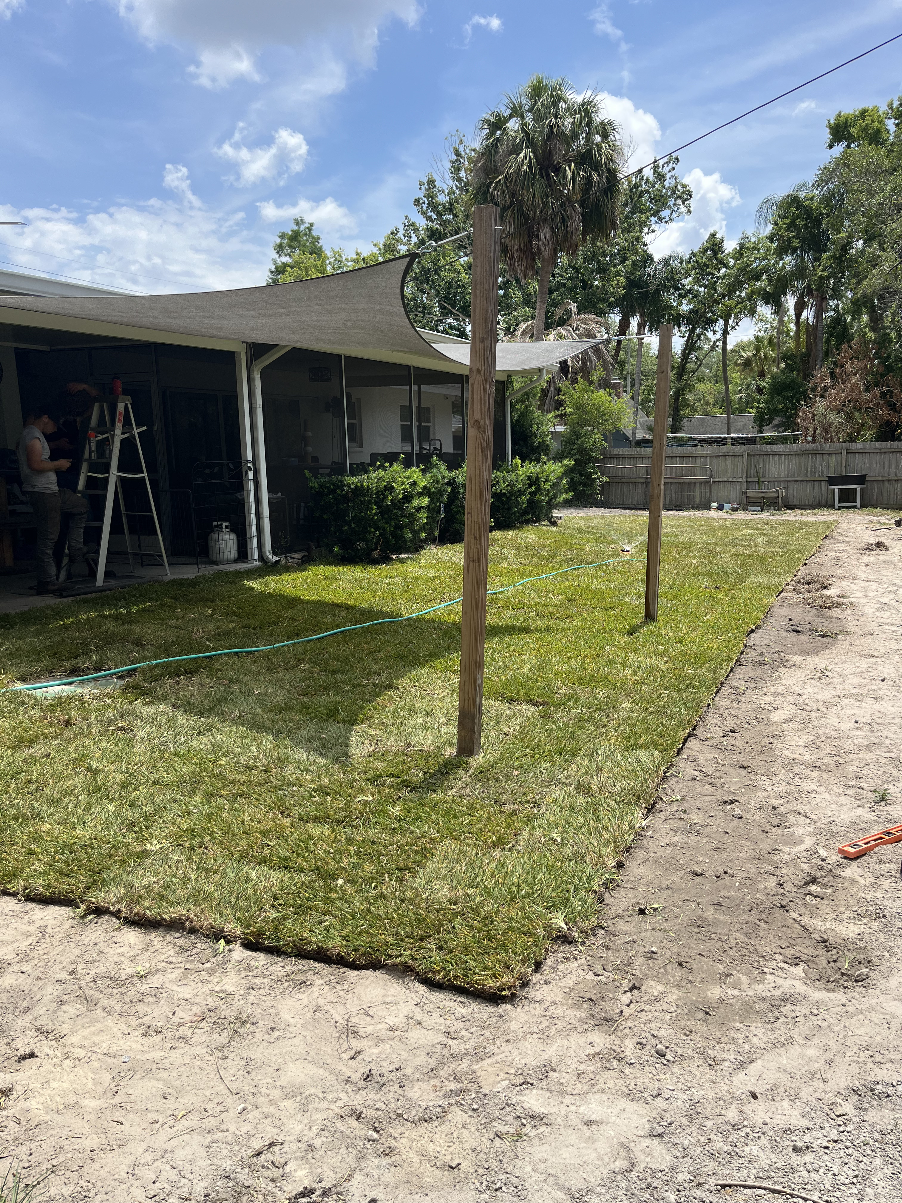 Freshly laid sod in a backyard with shade sail posts installed